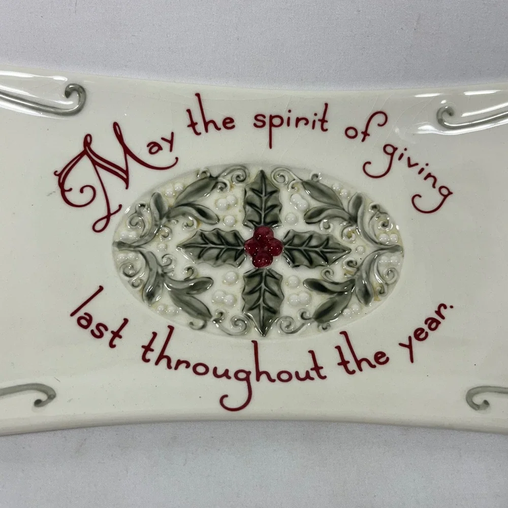 Amscan‎ Ceramic Serving Tray Christmas Holly May Spirit of Giving 15.5x5.5